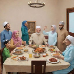 Illustrative poster of a seven-member Muslim family including a grandmother, grandfather, mother, father, aunt, uncle, and 12-year-old boy. They are happily dining together in preparation for Iftar. The father is standing with one hand in the air. Specifically styled for a children's illustration.