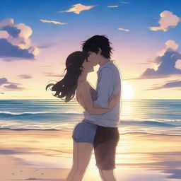 A sensual anime-style scene depicting two characters kissing on the beach