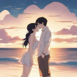 A sensual anime-style scene depicting two characters kissing on the beach