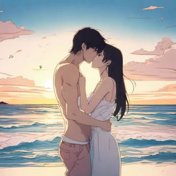 A sensual anime-style scene depicting two characters kissing on the beach