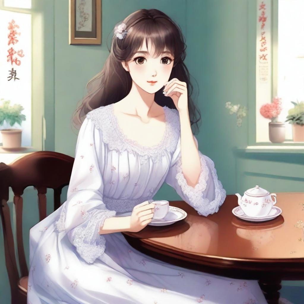 A girl with a cute face, medium-sized chest, wearing a nightgown, sitting at a table and having tea