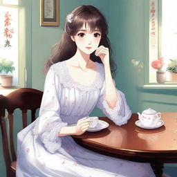 A girl with a cute face, medium-sized chest, wearing a nightgown, sitting at a table and having tea