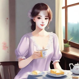 A girl with a cute face, medium-sized chest, wearing a nightgown, sitting at a table and having tea