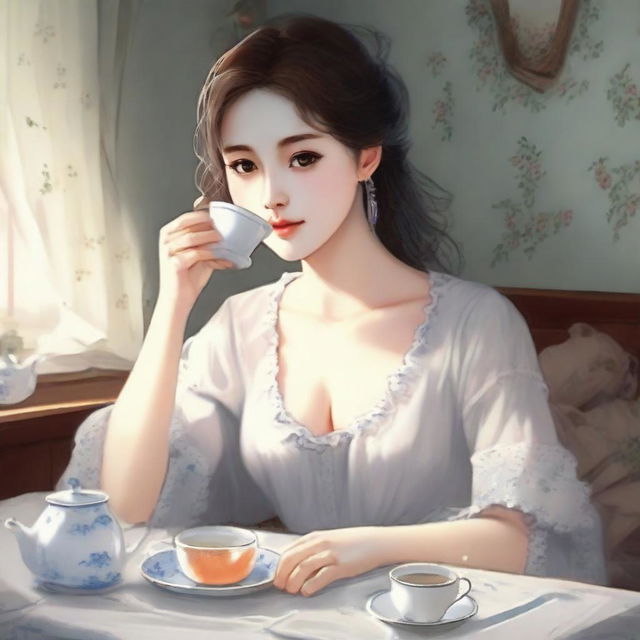 A girl with a cute face, medium-sized chest, wearing a nightgown, sitting at a table and having tea