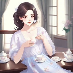 A girl with a cute face, medium-sized chest, wearing a nightgown, sitting at a table and having tea