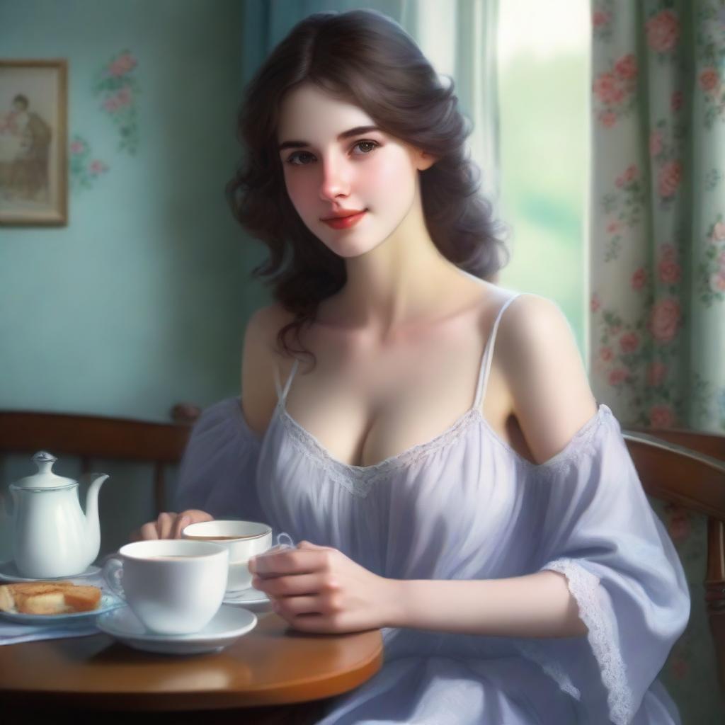 A realistic depiction of a girl with a cute face, medium-sized breasts, wearing a nightgown, sitting at a table and having tea