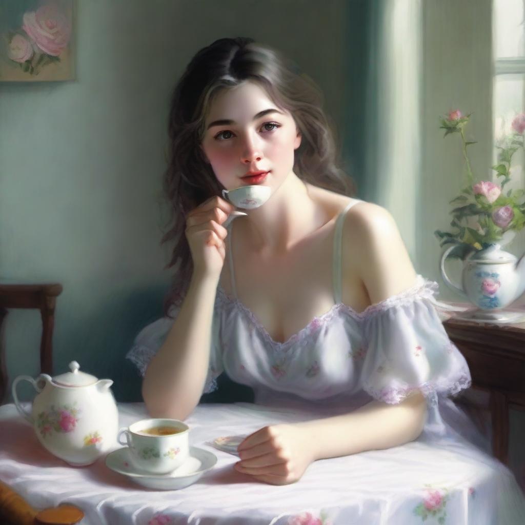 A realistic depiction of a girl with a cute face, medium-sized breasts, wearing a nightgown, sitting at a table and having tea