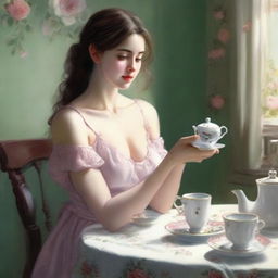 A realistic depiction of a girl with a cute face, medium-sized breasts, wearing a nightgown, sitting at a table and having tea