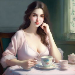 A realistic depiction of a girl with a cute face, medium-sized breasts, wearing a nightgown, sitting at a table and having tea