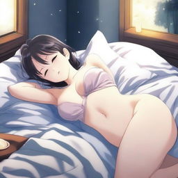 An anime-style scene depicting a sexy girl sleeping at night and gently touching her belly