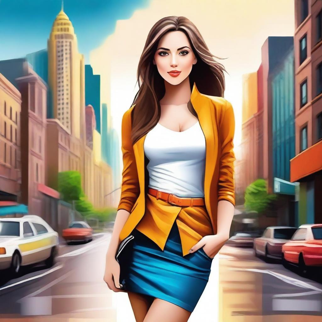 Create an image of an attractive girl with a confident and stylish appearance