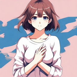 Create an anime-style image of a girl touching her chest with her hands