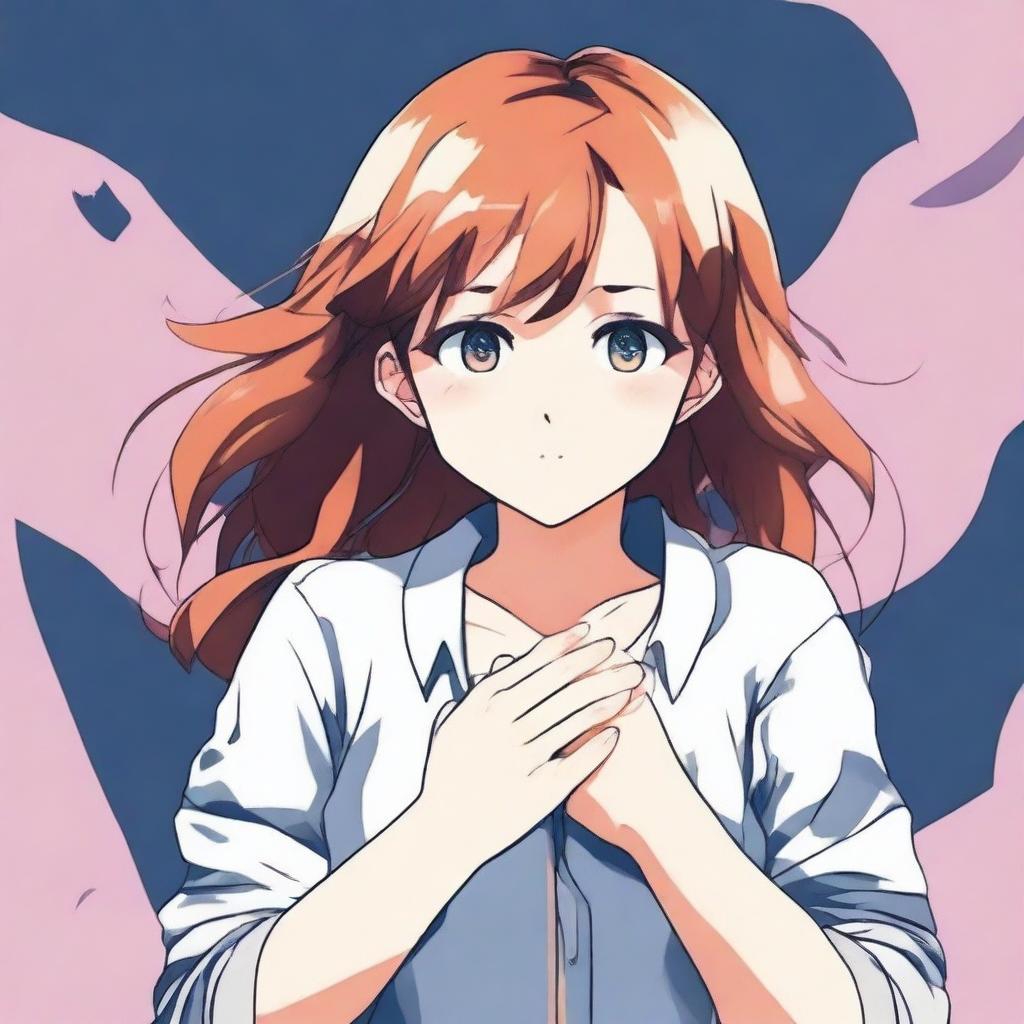 Create an anime-style image of a girl touching her chest with her hands