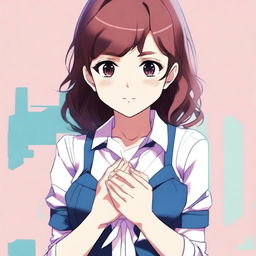 Create an anime-style image of a girl touching her chest with her hands