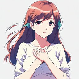 Create an anime-style image of a girl touching her chest with her hands