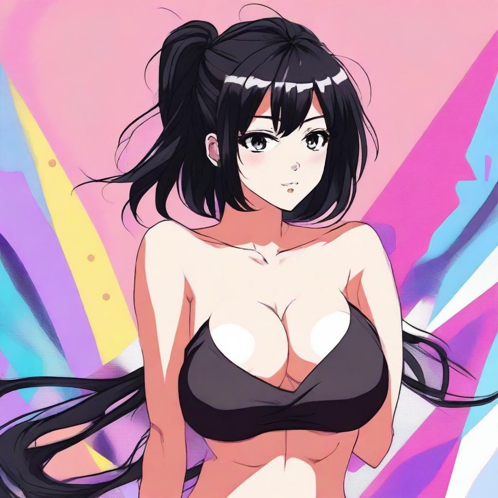 Create an image of a sexy anime girl with black hair