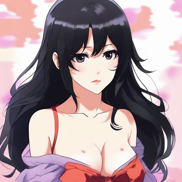 Create an image of a sexy anime girl with black hair