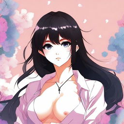 Create an image of a sexy anime girl with black hair