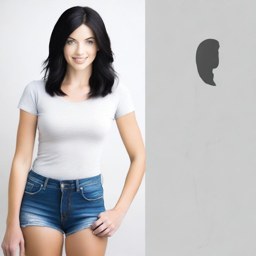 Create an image of a white woman with black hair, blue eyes, and long legs