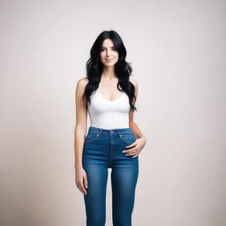 Create an image of a white woman with black hair, blue eyes, and long legs