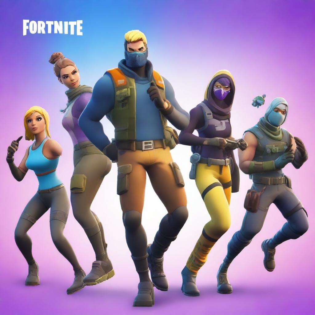 Create a thumbnail image featuring Fortnite characters running around an area from a top-down perspective