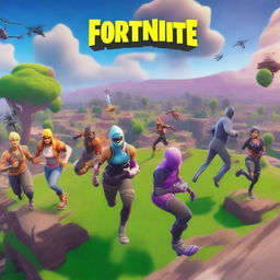 Create a thumbnail image featuring Fortnite characters running around an area from a top-down perspective