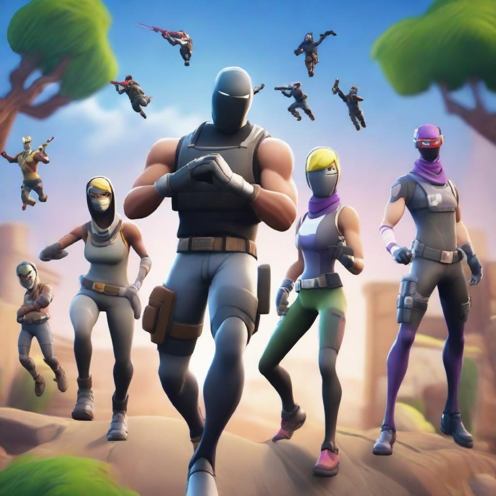 Create a thumbnail image featuring Fortnite characters running around an area from a top-down perspective