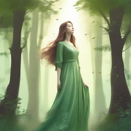 A towering giantess woman standing in a lush, green forest