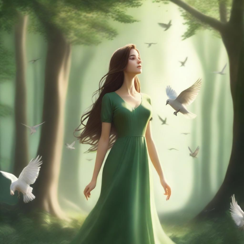 A towering giantess woman standing in a lush, green forest