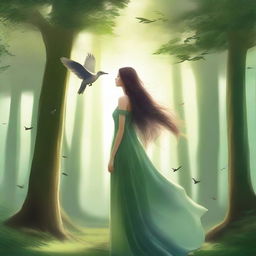 A towering giantess woman standing in a lush, green forest