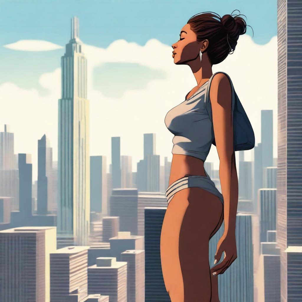 A giantess woman towering over a bustling cityscape, with skyscrapers and busy streets below