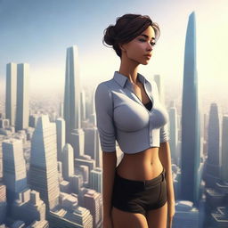 A giantess woman towering over a bustling cityscape, with skyscrapers and busy streets below