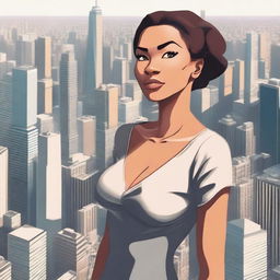 A giantess woman towering over a bustling cityscape, with skyscrapers and busy streets below