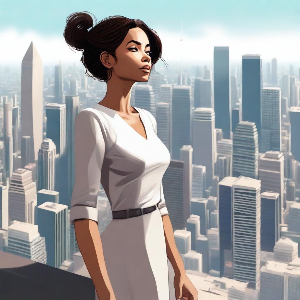 A giantess woman towering over a bustling cityscape, with skyscrapers and busy streets below