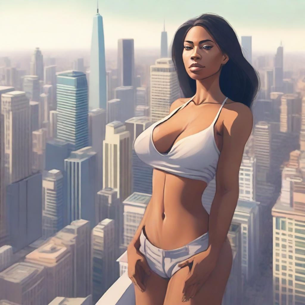 A giantess woman towering over a bustling cityscape, with skyscrapers and busy streets below