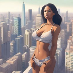 A giantess woman towering over a bustling cityscape, with skyscrapers and busy streets below