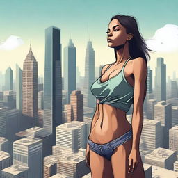 A giantess woman towering over a bustling cityscape, with skyscrapers and busy streets below