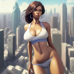 A giantess woman towering over a bustling cityscape, with skyscrapers and busy streets below