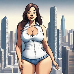 A giantess woman towering over a bustling cityscape, with skyscrapers and busy streets below