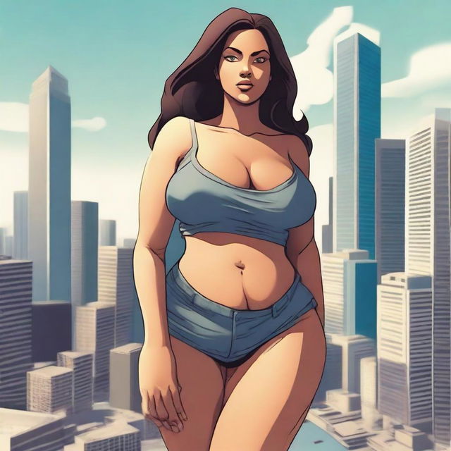 A giantess woman towering over a bustling cityscape, with skyscrapers and busy streets below