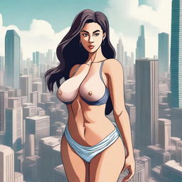 A giantess woman towering over a bustling cityscape, with skyscrapers and busy streets below