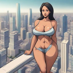 A giantess woman towering over a bustling cityscape, with skyscrapers and busy streets below