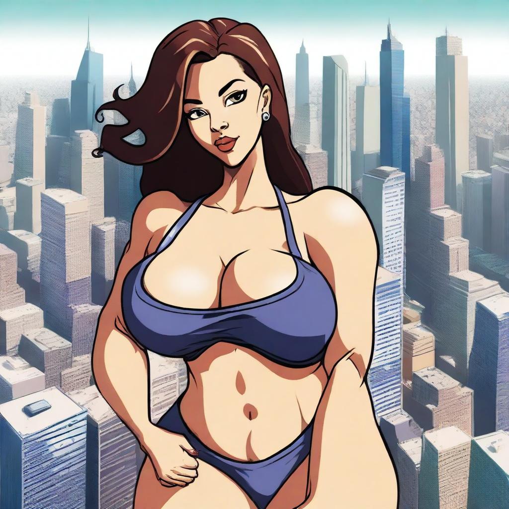 A giantess woman towering over a bustling cityscape, with skyscrapers and busy streets below