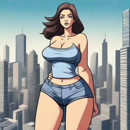 A giantess woman towering over a bustling cityscape, with skyscrapers and busy streets below