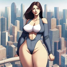 A giantess woman towering over a bustling cityscape, with skyscrapers and busy streets below