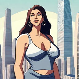 A giantess woman towering over a bustling cityscape, with skyscrapers and busy streets below