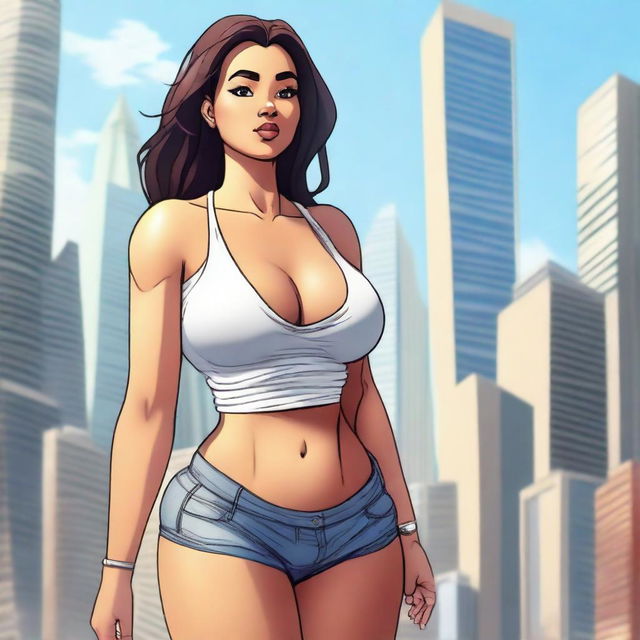 A giantess woman towering over a bustling cityscape, with skyscrapers and busy streets below