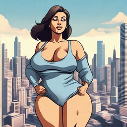 A giantess woman towering over a bustling cityscape, with skyscrapers and busy streets below