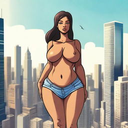 A giantess woman towering over a bustling cityscape, with skyscrapers and busy streets below