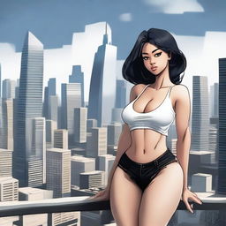 A giantess woman towering over a bustling cityscape, with skyscrapers and busy streets below